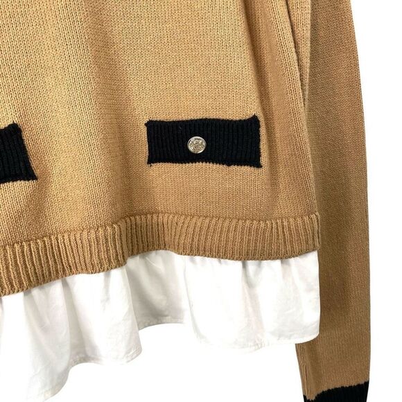 Loft Poplin Layered Mixed Media Sweater Size S neutral tan white - Picture 7 of 11